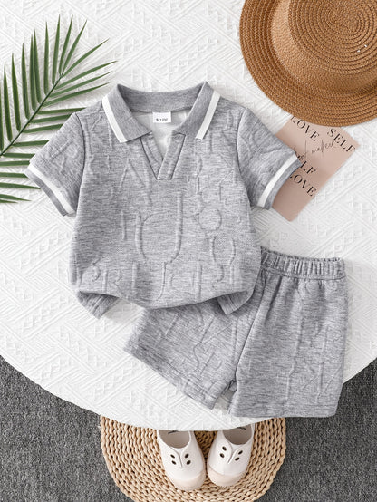 Baby Boy Khaki Lapel Shirt & Green Elastic Waist Shorts Set