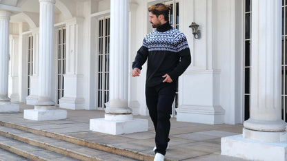 Men's Geometric Graphic Print Knitted Pullover, Casual Long Sleeve Turtle Neck Sweater For Fall Winter, Outdoor Cloth