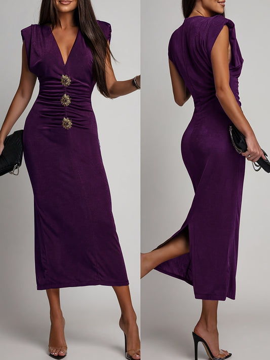 Sleeveless V-Neck Ruched Waist-Defining Metallic Midi Dress