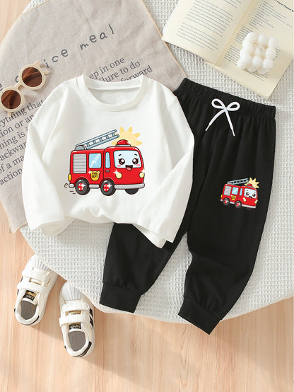 Boys' Fire Truck Print Cotton Casual Pants & Tee Set for Spring/Fall