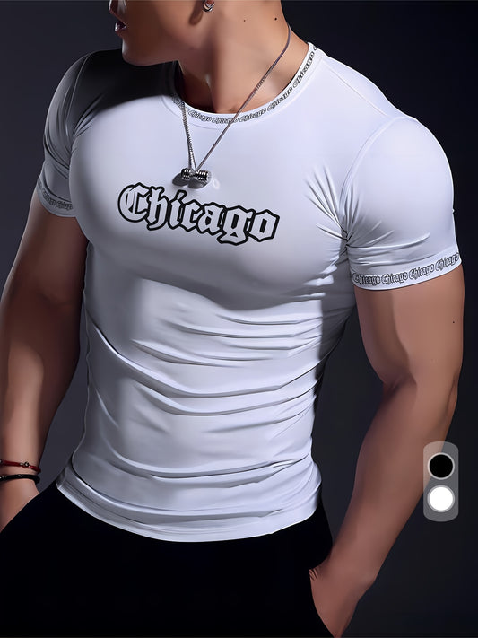 Men'S Chicago Print T-Shirt, Polyester-Spandex Blend, Crew Neck, Short Sleeve, Geometric Pattern, High Stretch, Tear Resistant, Sports  Casual Style, Summer Fit Top for Training, Yoga, Hiking  Festive Occasions