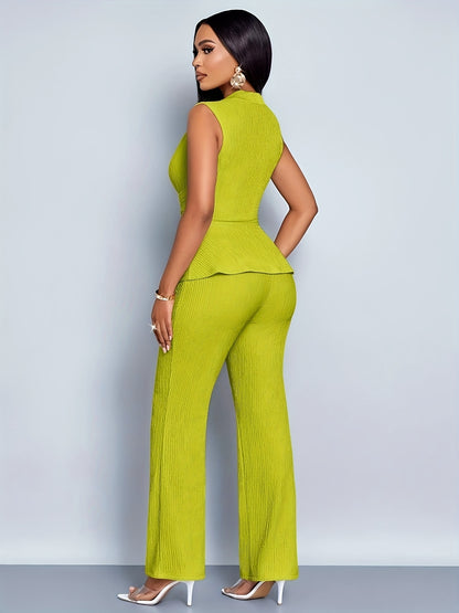 Women's Elegant V-Neck Sleeveless T-Shirt and Wide-Leg Pants Two-Piece Set, Asymmetrical Hem Casual Spring/Summer Outfit
