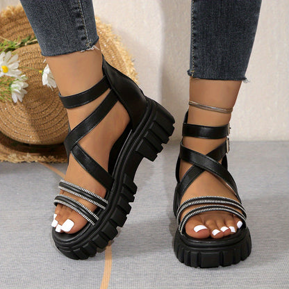 Women'S Summer Chunky Platform Sandals - Open-Toe Design with Adjustable Buckle Straps, White Faux Cover  Thick TPR Sole for Beach, Casual  Everyday Wear, Strappy Sandals, Beach Footwear, Stylish Footwear, Durable Footwear