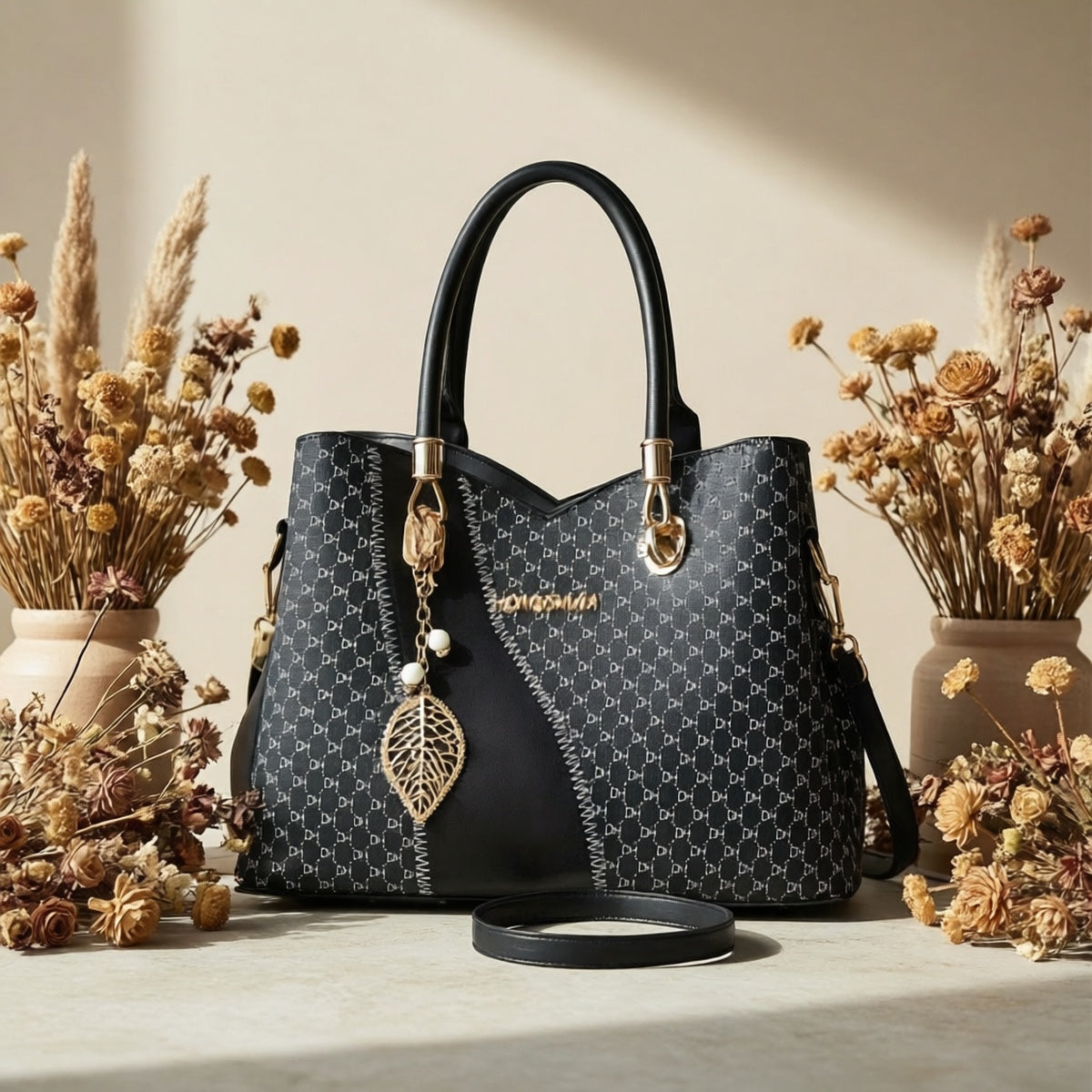 Women's Elegant Two-Tone Faux Leather Tote Bag with Detachable Strap
