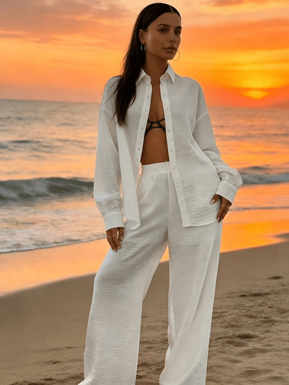 Women’s Elegant White Vacation Set: Long-Sleeve Shirt & Wide-Leg Pants