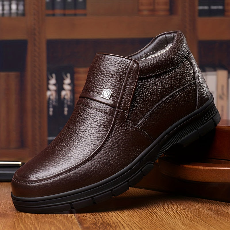 Genuine Leather 2025 Snow Boots Shoes Top Layer Cowhide Men's Boots Winter New Fashion Versatile Litchi Pattern Soft Leather Thick Sole Warm Shoes -Lined Work Boots Inner Filling with Cold Resistant Warmth, Warmth Locking Pow