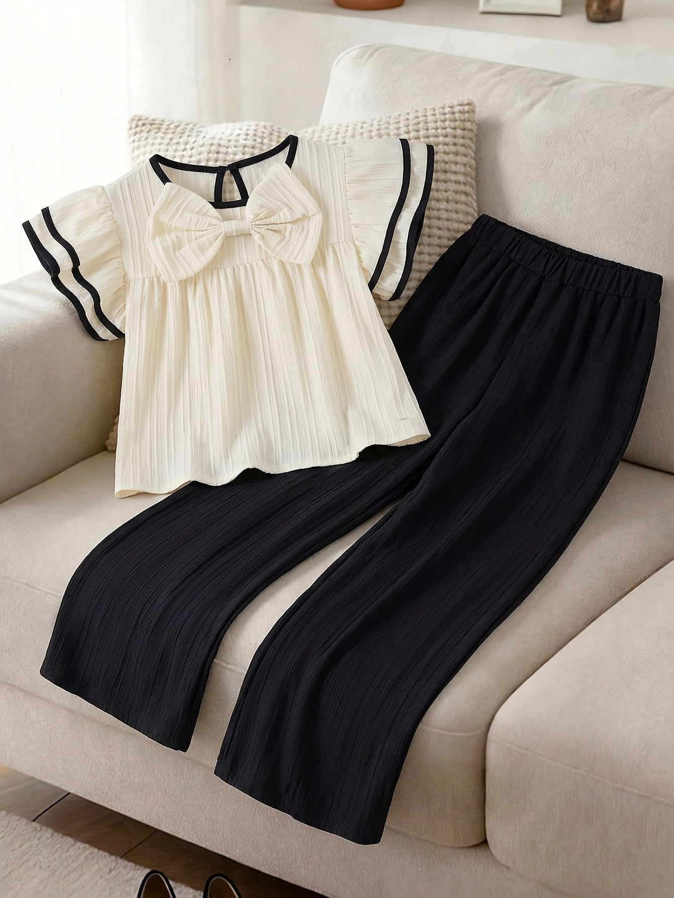 Girls Spring Summer Bow Sleeve Top & Wide-Leg Pants Set