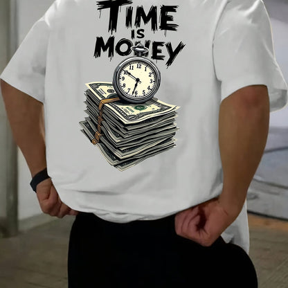 Men'S Casual Short Sleeve T-Shirt with "Time is Money" Clock  Stack of Cash Graphic - Lightweight Polyester, Loose Fit, Round Neck, Perfect for Spring  Summer Outdoor Wear, Relaxed Fit Shirt   Bold Graphic Tee   Glossy Text