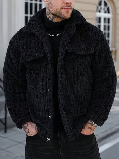 Men's Winter Jacket with Black & White Striped Collar & Single-Breasted Button Front - Soft Short Pile Outer Coat, Machine Washable Casual Outerwear for Cold Weather, Formal & Everyday Use (No), Casual Winter Jacket Men, Ligh