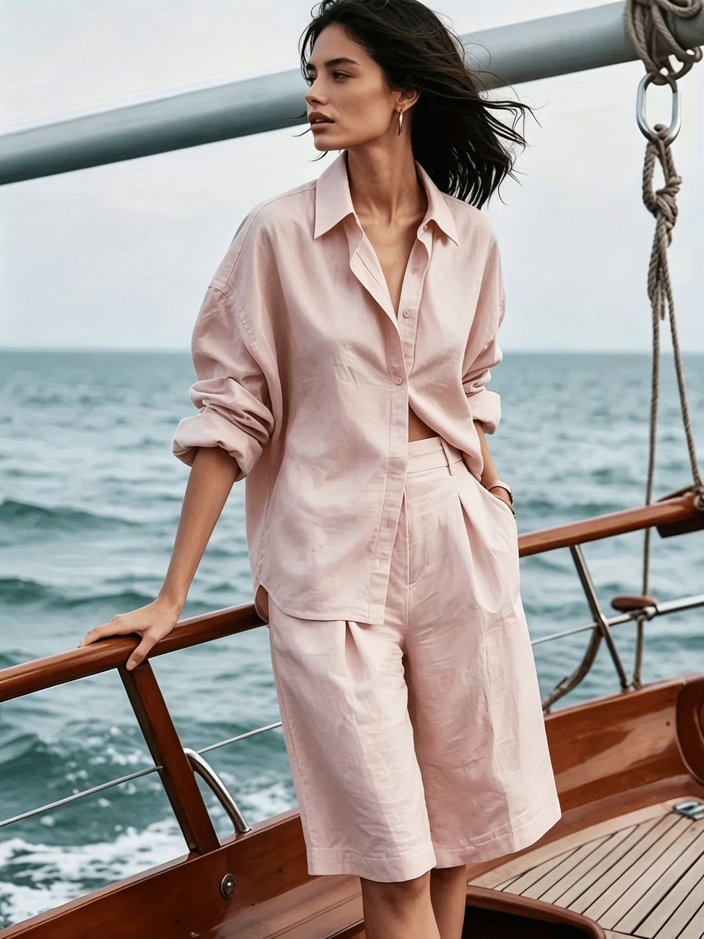 Women's Casual Polyester Button-Down Shirt & Shorts Set