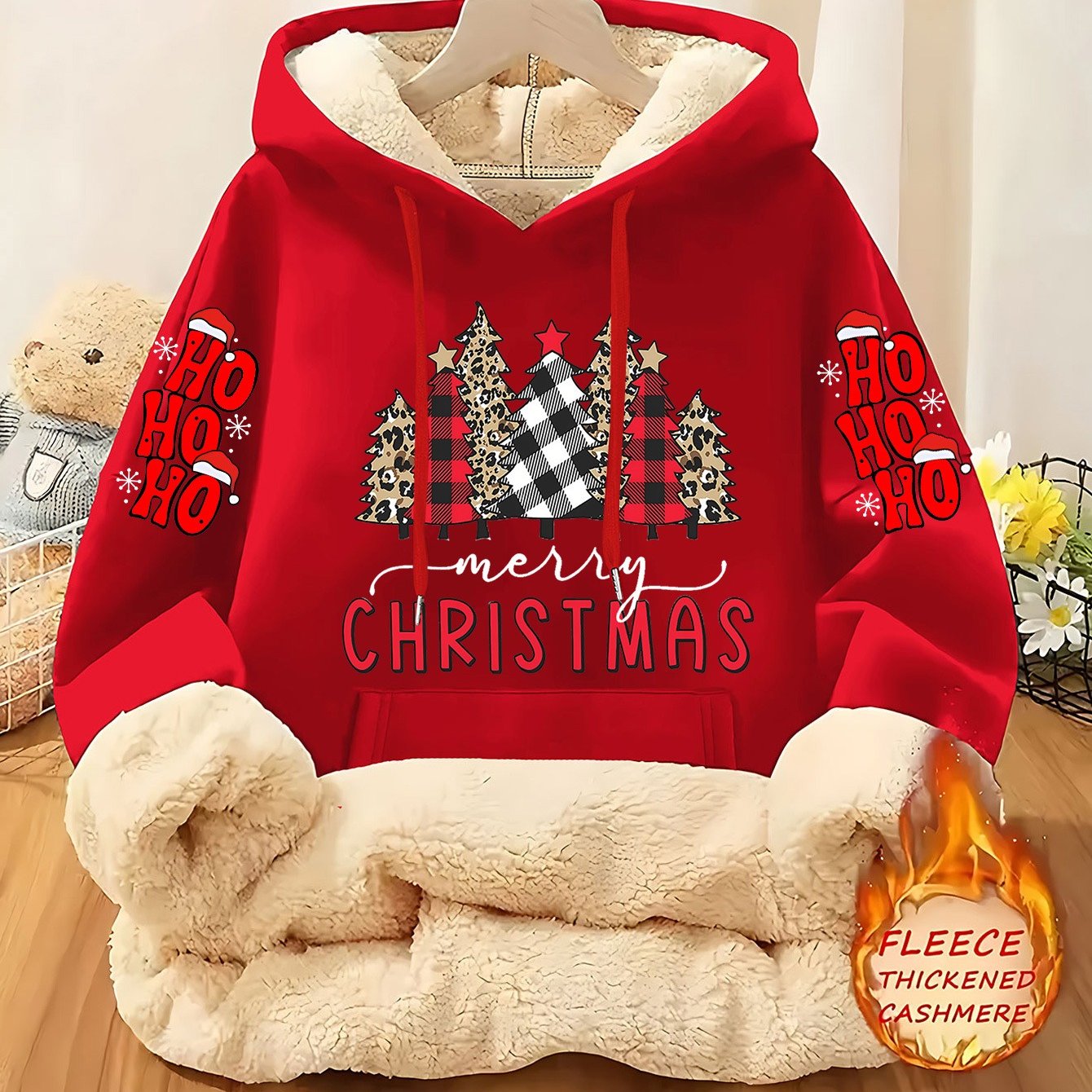 Christmas & Plaid Leopard Print Christmas Tree Pattern Printed Ladies Lined Hoodie, Thick and Warm Polyester Fabric Jacket, Suitable for Casual Composite Warm Clothing for Autumn and Winter Season