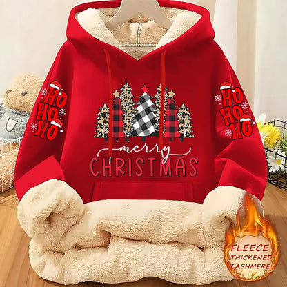 Christmas & Plaid Leopard Print Christmas Tree Pattern Printed Ladies Lined Hoodie, Thick and Warm Polyester Fabric Jacket, Suitable for Casual Composite Warm Clothing for Autumn and Winter Season