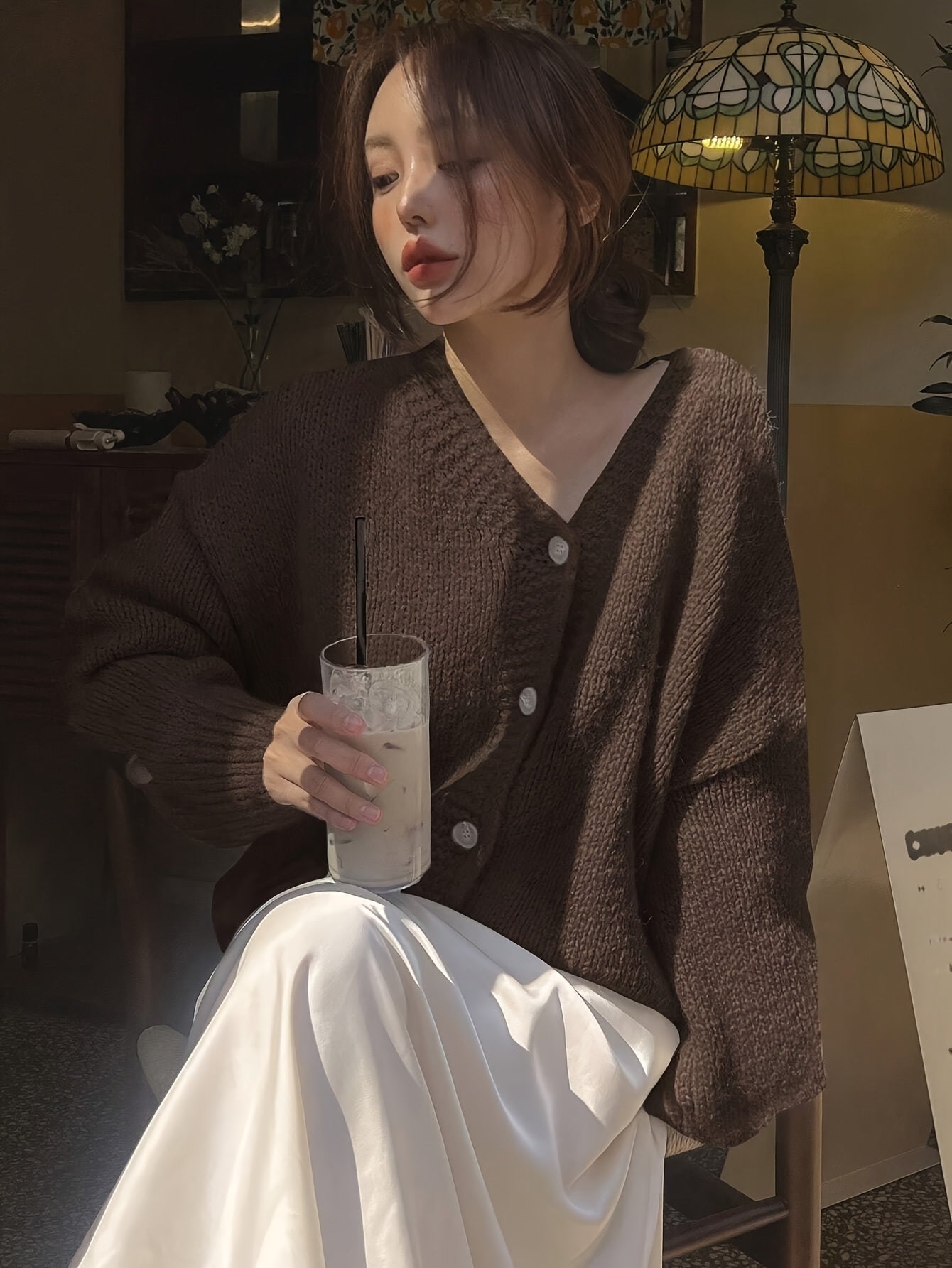 Women's Elegant V-Neck Button-Up Polyester Cardigan Jacket