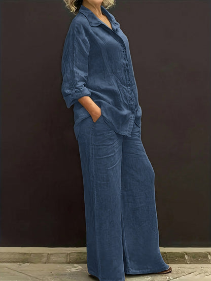 Elegant Women's Casual Cardigan & Pants Set in Solid Color
