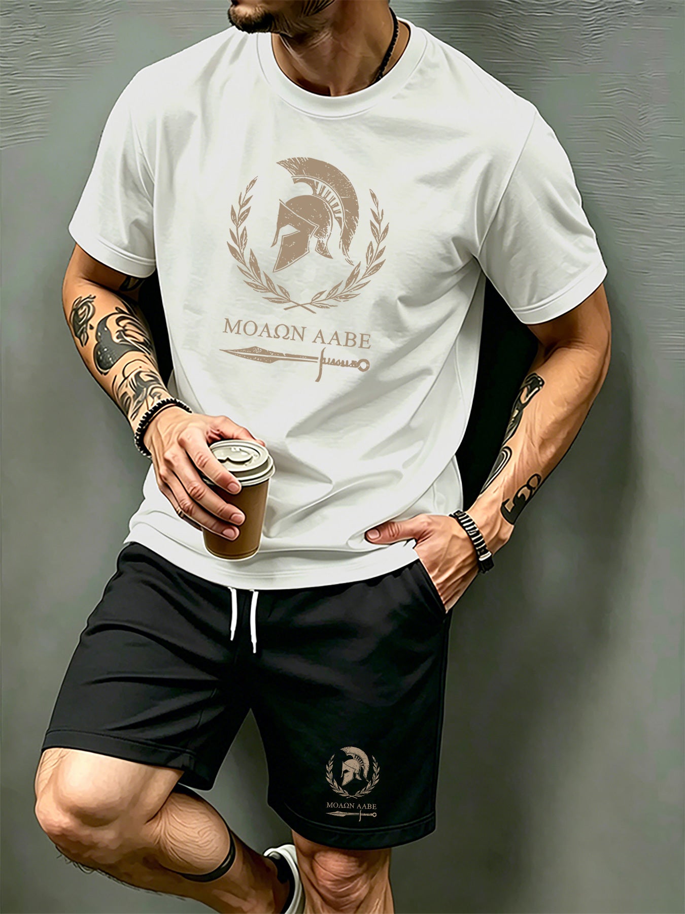 Men's Summer Short Sleeve T-Shirt and Shorts Set with Spartan Helmet P