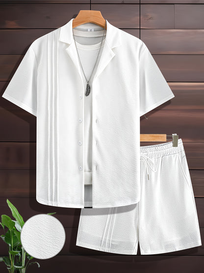Men's Summer White Textured Short Sleeve Shirt & Shorts Set