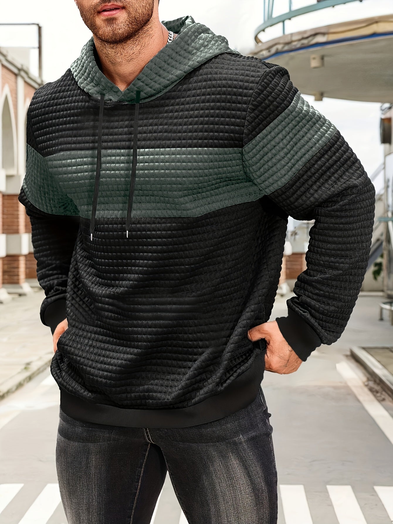 Fashion Hooded Sweatshirt | Casual Men'S Pullover with Slight Stretch Fabric, Long Sleeve, Pocket Details, Solid Color Pattern for Spring/Fall