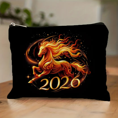 2026 Year of the Horse Chinese New Year Makeup Bag - Large Capacity Golden Horse & Red/Golden Auspicious Patterns Case, Durable Zipper Closure, Beige Gift for /, /Guys, Lunar New Year or Horse Lover Present