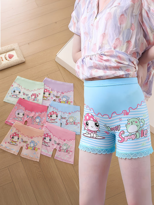 Girls' Breathable Cartoon Print Lace Boyshort Underwear - 6 Pack