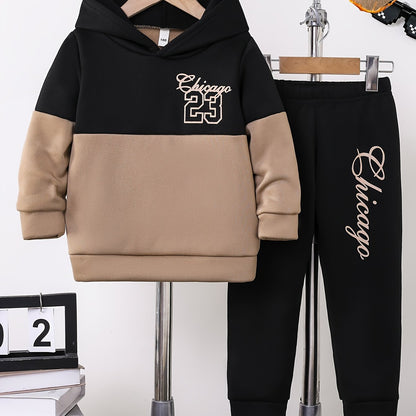 2pcs Boys' Autumn and Winter Fleece-Lined Hoodie Set with Long Pants, Simple Color Block Letter Print Fashion Sportswear Outfit for Outdoor Activities and Casual Attire, 100% Polyester Knit Stretch Durable Fabric, Perfect Gif