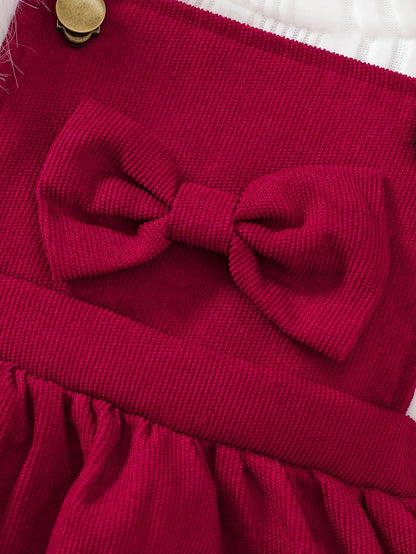 2pcs Baby Winter Outfit Set: Cozy Fluffy Sleeve Smock Dress & A-Line Bow with Collar & Fringe Trim - Soft Warm Clothes for Photoshoots, Christmas (Hand Washable), Perfect for Outdoor