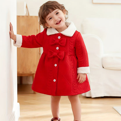 1pc New Style Single-Breasted Bowknot White Collar Dress for Girls, Red Christmas and New Year Baby Outfit