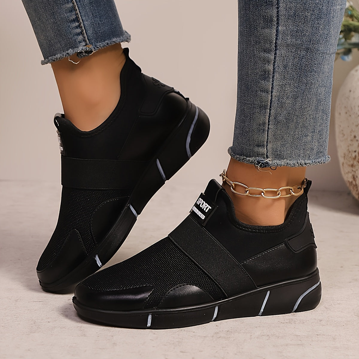Women's Slip-On Sneakers - Lightweight Knit Upper, Breathable Design, Comfortable Casual Shoes with Strap, Black  Golden Accents, Round Toe for All-Day Wear, Sporty Sneakers   Round Toe Shoes   Flexible Sole, Ladies Sneakers