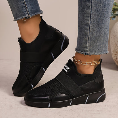 Women's Slip-On Sneakers - Lightweight Knit Upper, Breathable Design, Comfortable Casual Shoes with Strap, Black  Golden Accents, Round Toe for All-Day Wear, Sporty Sneakers   Round Toe Shoes   Flexible Sole, Ladies Sneakers