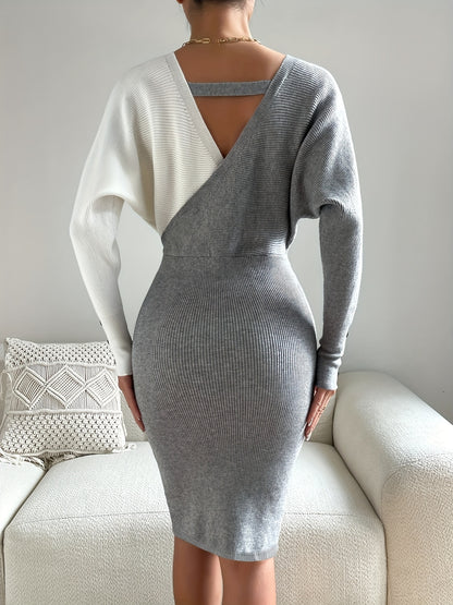 Women's Color-Block Asymmetrical Elegant Niche Design V-Neck Waist Chain Decorated Hip-Enhancing Sexy Fabric Midi Dress