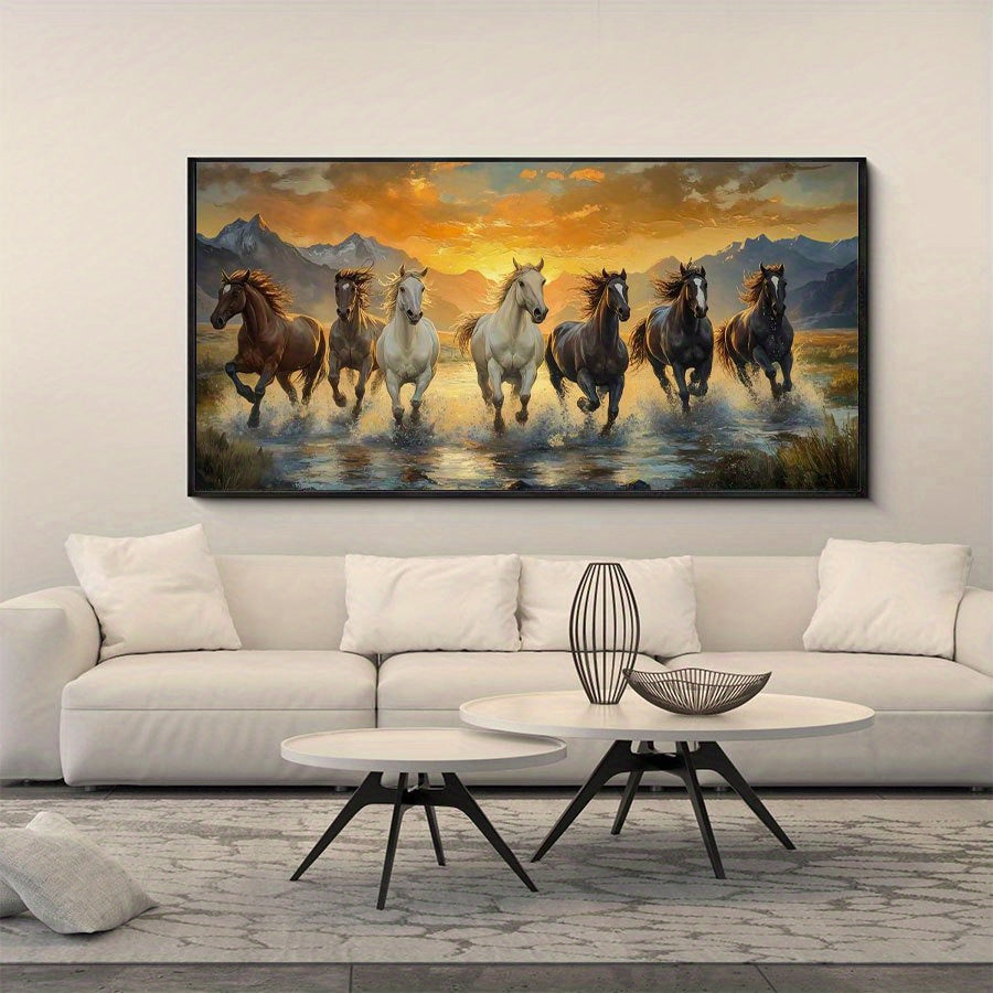 2D Flat, 1pc Large Scale Running Horses Canvas Wall Art - Asian-Inspired Classic Art Deco Landscape Painting, Unframed Vibrant Wild Animal Print for Living Room, Bedroom, Office Decor - 40x80cm/50x100cm, Perfect Gift for Birt
