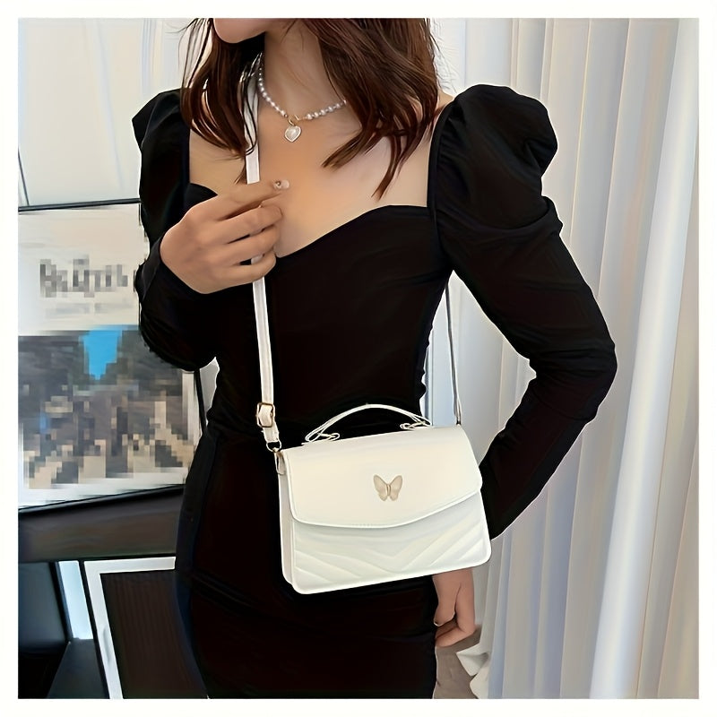 Elegant Women's Crossbody Bag with Butterfly Embellishment - Quilted Black Synthetic Leather Handbag, Magnetic Closure & Adjustable Strap, Compact Everyday Shoulder Bag for Women, Crossbody Purse, Sophisticated Accessory