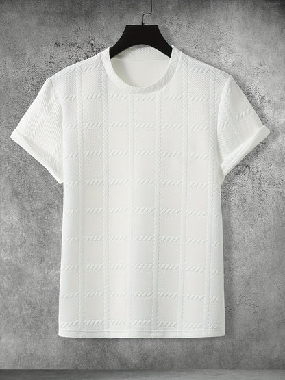 Men'S Casual Embossed Pattern Short Sleeve T-Shirt, 100% Polyester Crew Neck Knit Fabric, Slight Stretch, Solid Color Top