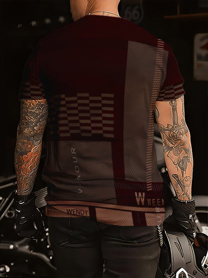 Men'S Navy  Brown Plaid Short Sleeve T-Shirt - "Union" Logo, Casual Crew Neck, All-Season Comfort, Regular Fit, Casual Attire   Plaid Pattern Top   Glossy Finish, PLUS SIZE