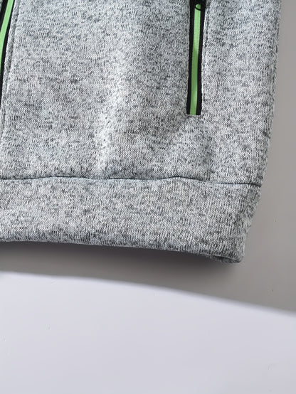 Men's Sporty Full-Zip Stand Collar Sweatshirt - Long Sleeve Casual Pullover with Neon Green Accents, Solid Color Non-Stretch Fabric, Regular Fit for Fall Winter