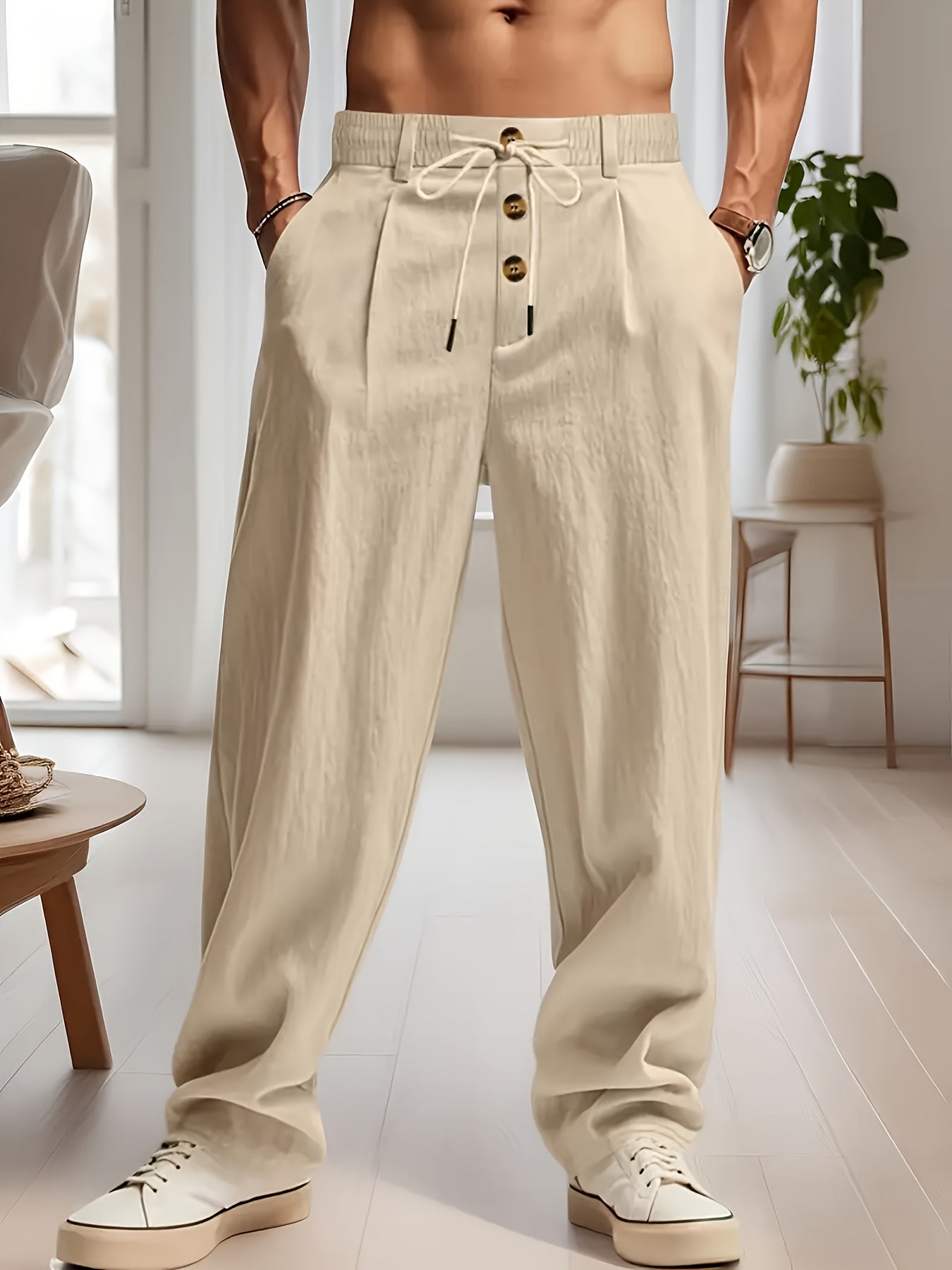 Men's Lightweight Linen Casual Pants with Drawstring Waist