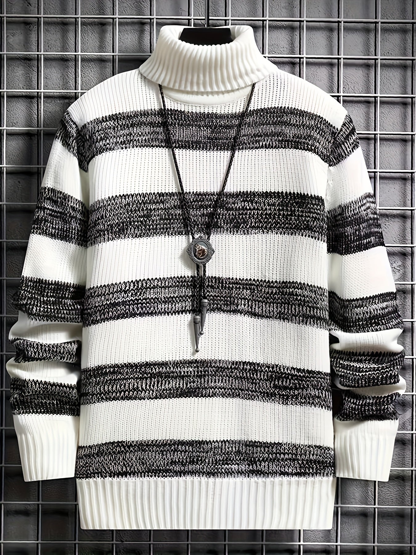 Men'S Stylish Black & White Striped Knit Pullover Sweater - High Neck, Long Sleeve, Ribbed Cuffs, Casual Fall/Winter Wear, Casual Wear Sweater | Highneck Sweater | Knit Construction, Sweater Vest