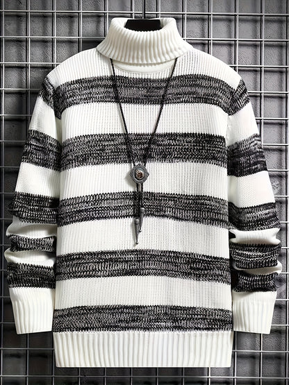 Men'S Stylish Black & White Striped Knit Pullover Sweater - High Neck, Long Sleeve, Ribbed Cuffs, Casual Fall/Winter Wear, Casual Wear Sweater | Highneck Sweater | Knit Construction, Sweater Vest