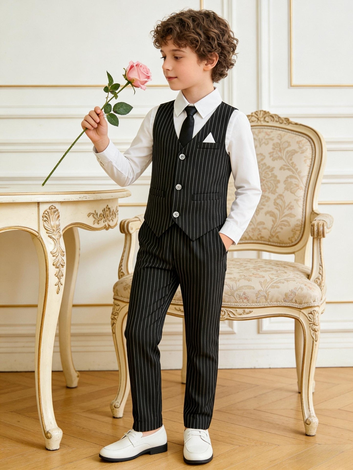 Boys' Striped Vest Suit Set with Tie - Formal 3pcs Outfit