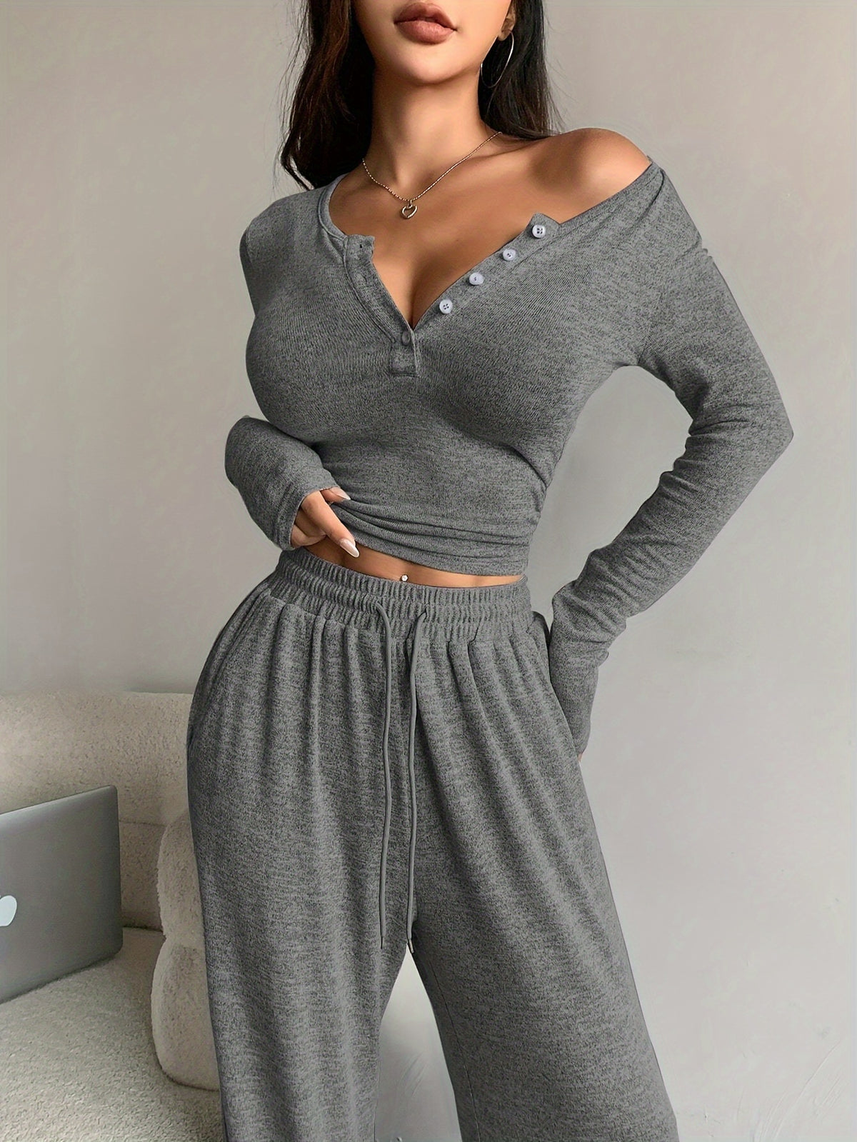 Elegant Fall/Winter Slim-Fit Cropped Top & Wide-Leg Pants Set - ayq
