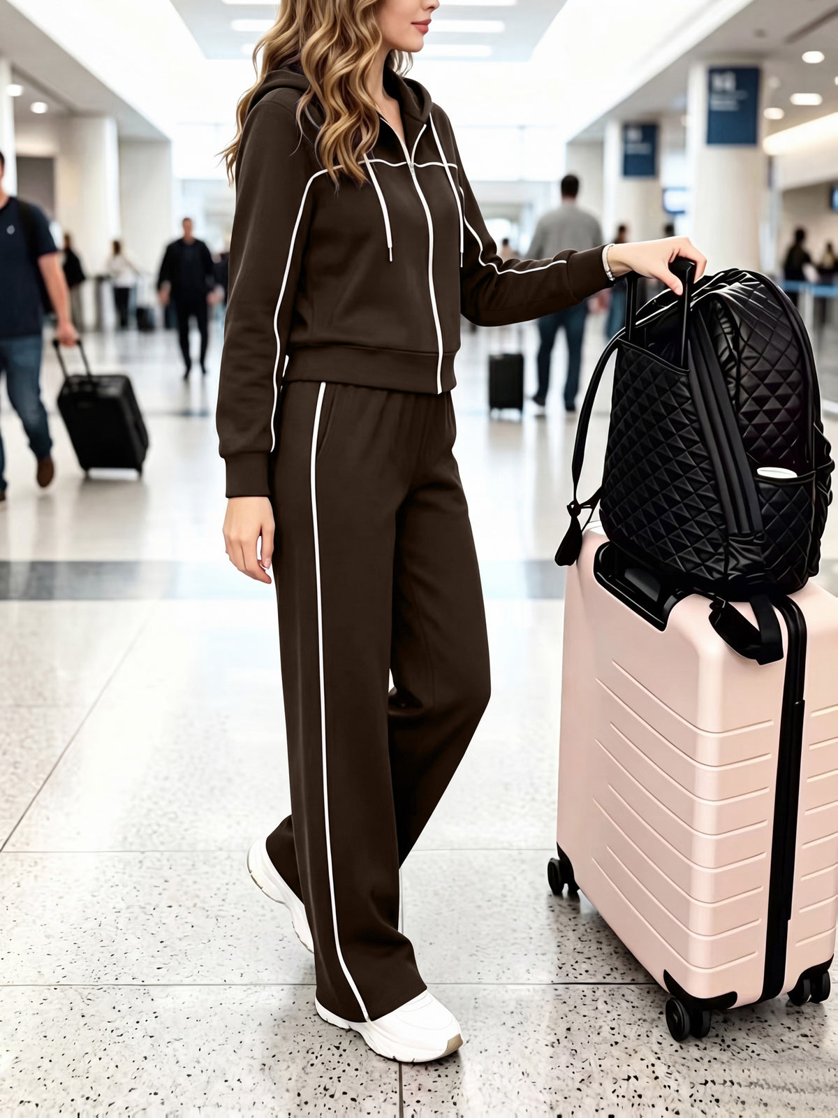 Women's Casual Two-Piece Set Hooded Cardigan & Wide-Leg Pants - ayq