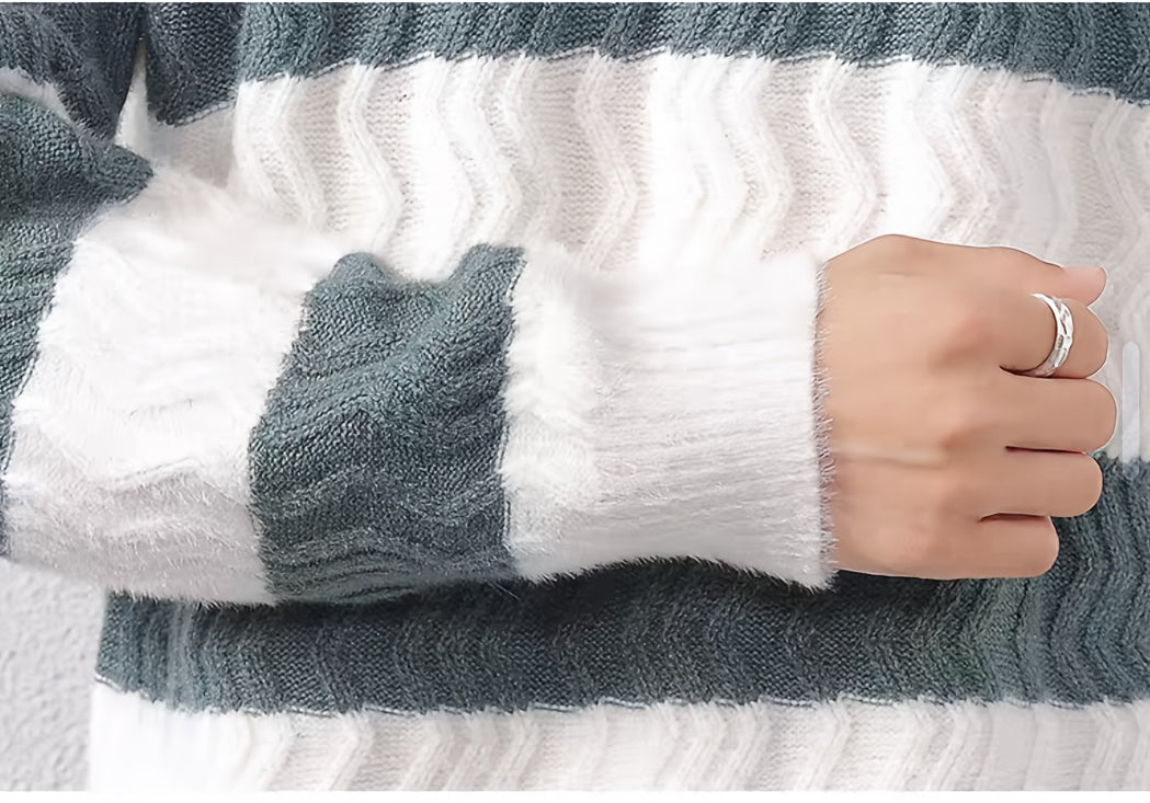 Men's Winter Warm Sweater - Striped Round Neck Pullover with Color-Blocking Suitable for Layering, Hand Washable Casual Sweaters for & (Autumn/Winter)