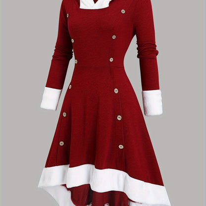 Women'S Vintage Christmas Party Dress - Long Formal gown with Hood, A-Line Silhouette, Drawstring Hood - Burgundy & White Holiday Outfit for Xmas, New Year'S Eve - Elegant Winter Evening Attire, Seasonal Celebration, Classic