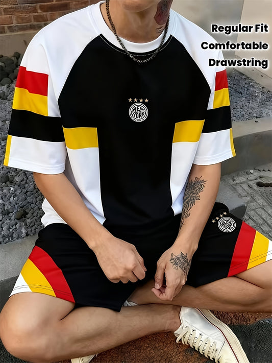 2pcs Men'S Casual Set | Crew Neck T-shirt with New York Word Letter Design, Breathable Regular Fit for Daily and Formal Wear - Comfortable Drawstring Shorts, Ideal for Outdoor Activities and Sports, Durable Comfortable Fabric - ayq