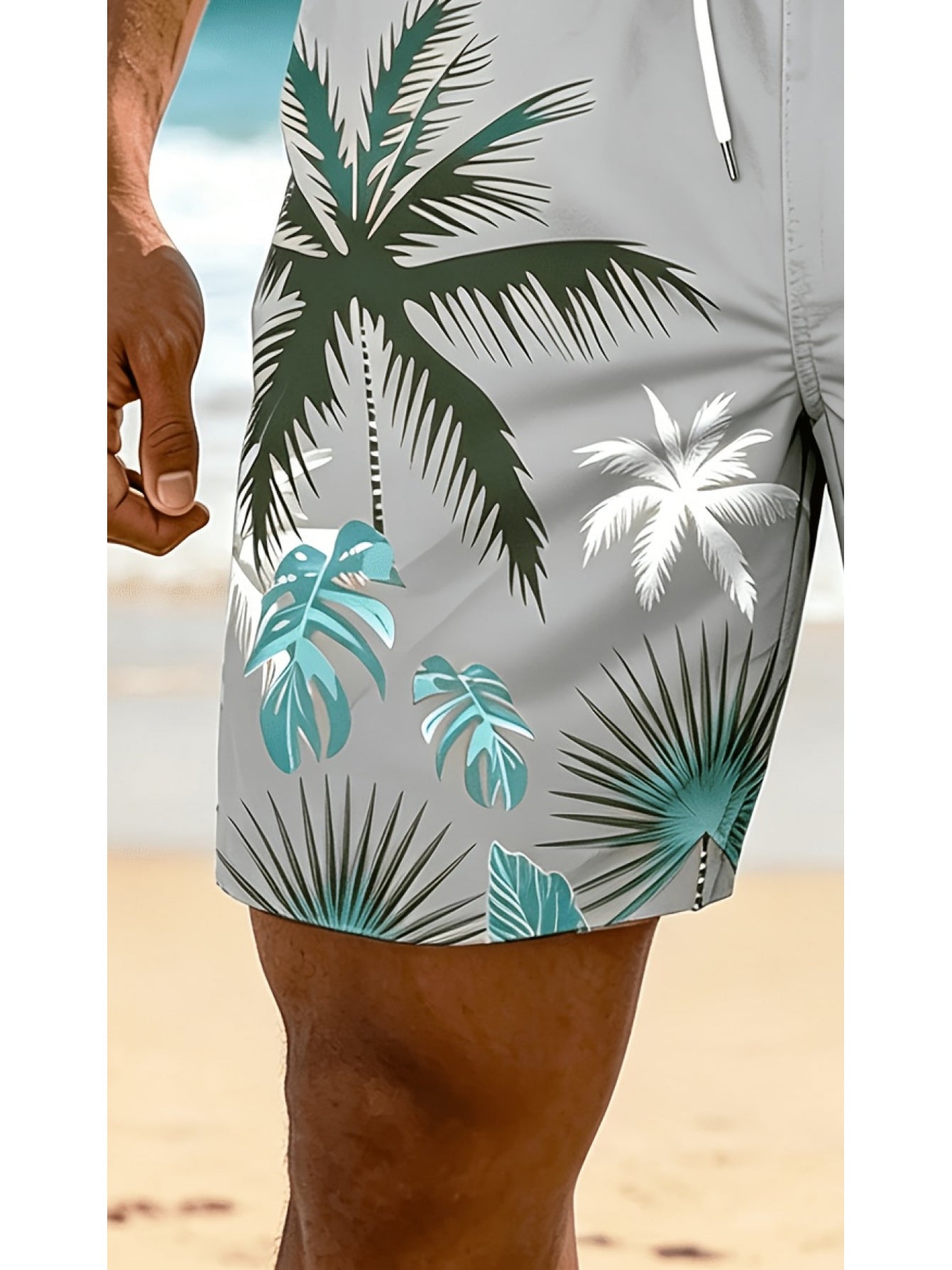 Plus Size Men's Palm Tree Print Beach Shorts, Breathable Polyester