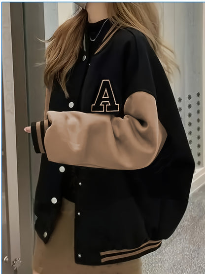 Women'S Casual Long Sleeve Baseball Jacket with "A" Letter Detail - Black & Beige Two-Tone Design, Button-Up Front, Flap Pockets, Fall/Winter Fashion Outerwear, Autumn Winter Apparel | Buttonup Jacket | Functional Pockets