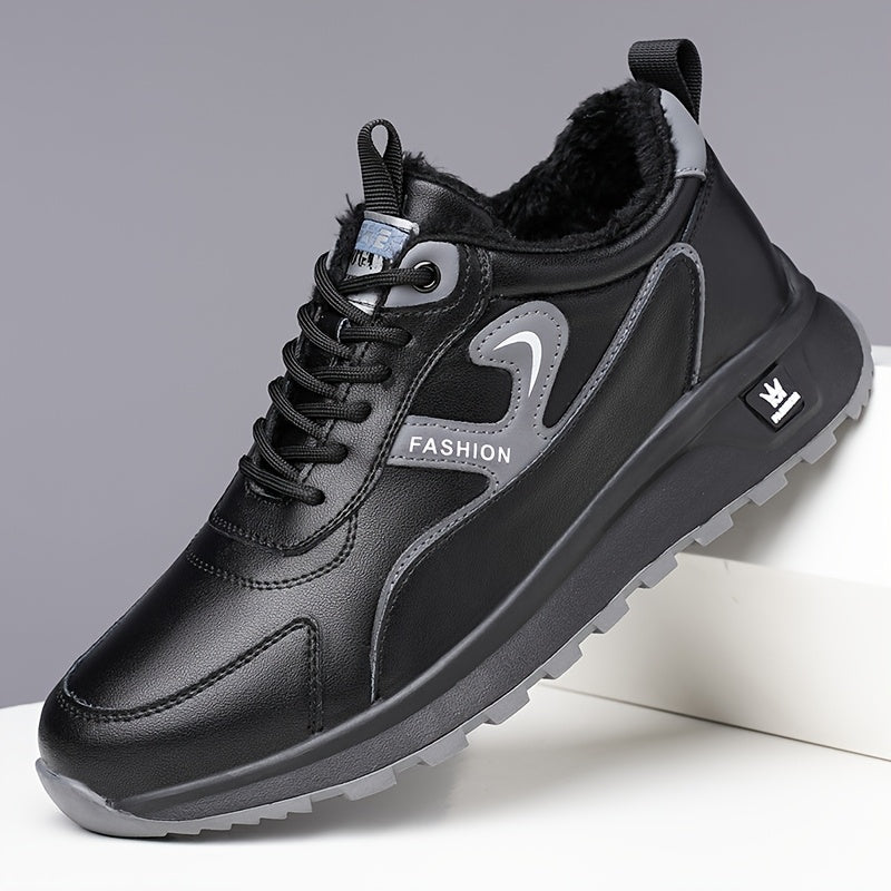 Men's Winter Non-Slip Sneakers - All-Season Traction Shoes with Thick Cushioned Rubber Sole, Slip-Resistant Grip, PU Upper & EVA Insole - Low-Top Sneakers for Hiking, Gym, Everyday - White & Gray Accents - Ideal Cold Weather