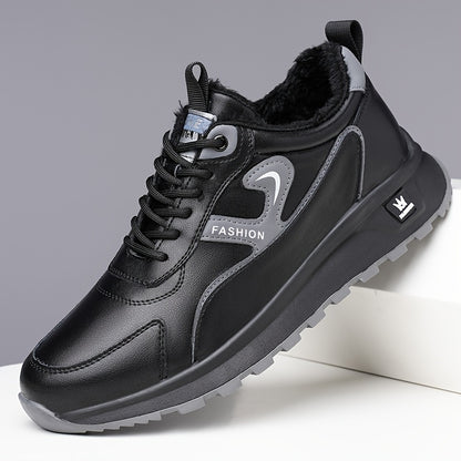 Men's Winter Non-Slip Sneakers - All-Season Traction Shoes with Thick Cushioned Rubber Sole, Slip-Resistant Grip, PU Upper & EVA Insole - Low-Top Sneakers for Hiking, Gym, Everyday - White & Gray Accents - Ideal Cold Weather