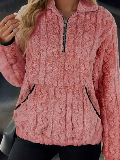 Women's Elegant Plush Full-Zip Winter Jacket - Soft Pink Long Sleeve Coat with Collar, Machine Washable, Warm & Stylish Outerwear for Fall and Winter, Casual to Semi-Formal Occasions