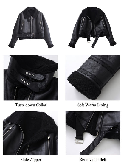 Autumn Winter women warm thickening Faux Lamb Fur Leather jacket street lapel coat with belt