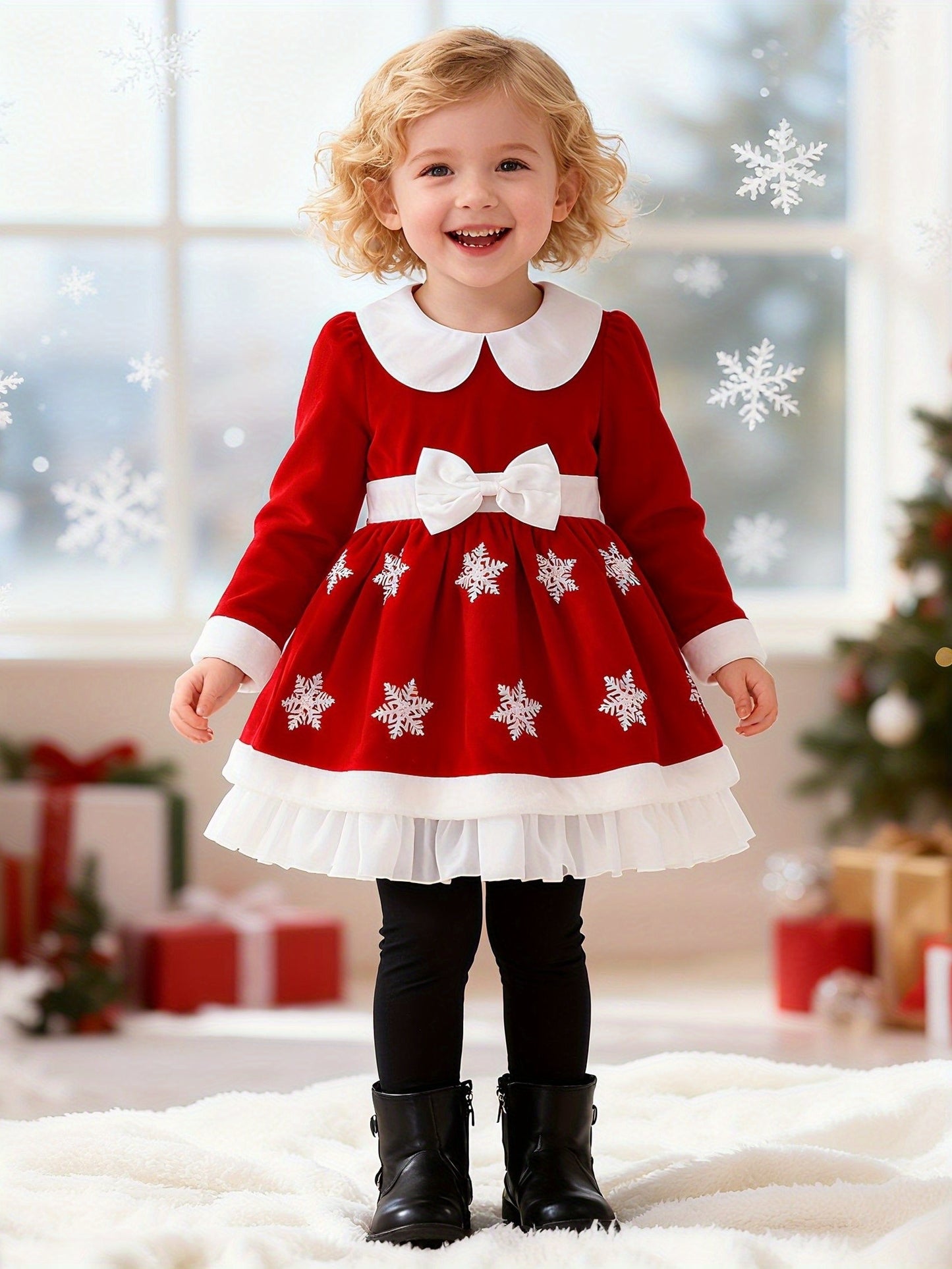 'S Christmas Snowflake Print Dress - Red & White Holiday Party Outfit with Flared Skirt, Long Formal dress for Christmas, New Year's, Winter - Easy-to-Wear Standalone or Layered Look with Coats/B Jackets - Fall/Winter Clothin